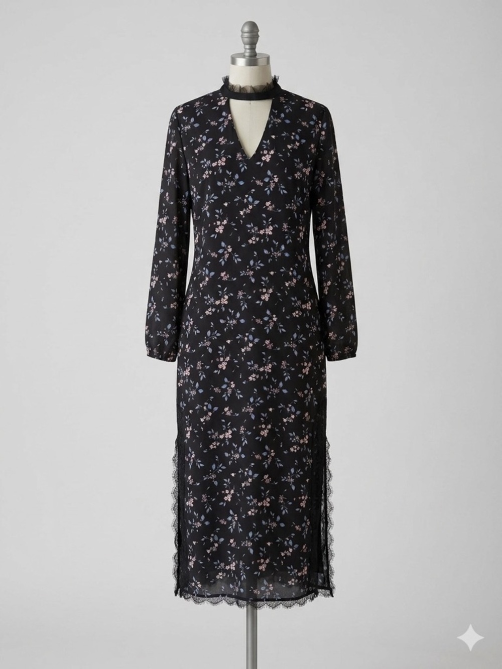 Black Floral Lace-Trim Long Sleeve Midi Dress